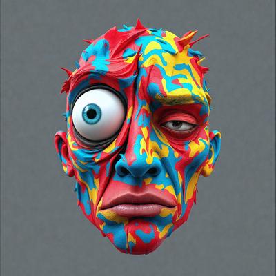 The primary subject of the image is a close-up of a face with a colorful, abstract design. The face features a mix of red, blue, yellow, and green colors, giving it a vibrant and artistic appearance. The setting is a gray background, which contrasts with the face and draws attention to the colorful design. The visual style of the image is a combination of digital art and illustration, showcasing the artist's creativity and skill in creating a unique and eye-catching piece of art. The overall atmosphere of the image is lively and energetic, thanks to the bold colors and intricate patterns on the face.
